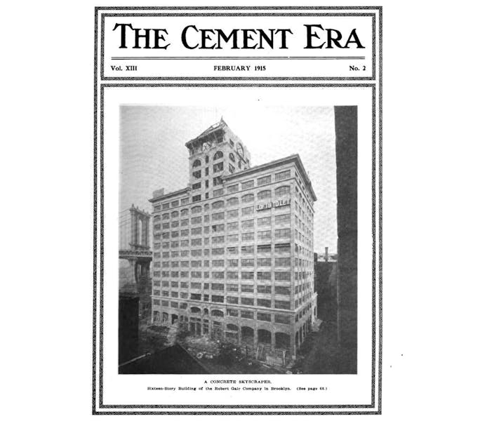 In 1905, Gair partnerd with then three-year old Turner Construction Company to build his 180,000 square foot building at 55 Washington St. Concrete was fire proof, useful for a man in the business of making cardboard, and the building was far more stable, useful for the printing arm of his business. At the time, 55 Washington St was the largest reinforced concrete building in the United States. Legend has it that Gair and Turner lit a bonfire on the roof once the building was completed, to prove it was, indeed, fire proof.